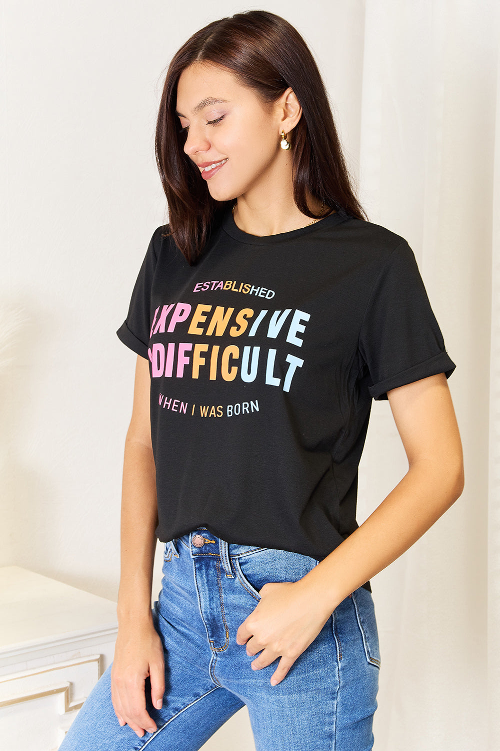 Simply Love Slogan Graphic Cuffed Sleeve T-Shirt free shipping -Oh Em Gee Boutique