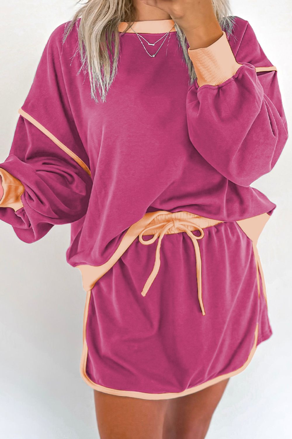 Contrast Trim Round Neck Top and Skort Set free shipping -Oh Em Gee Boutique