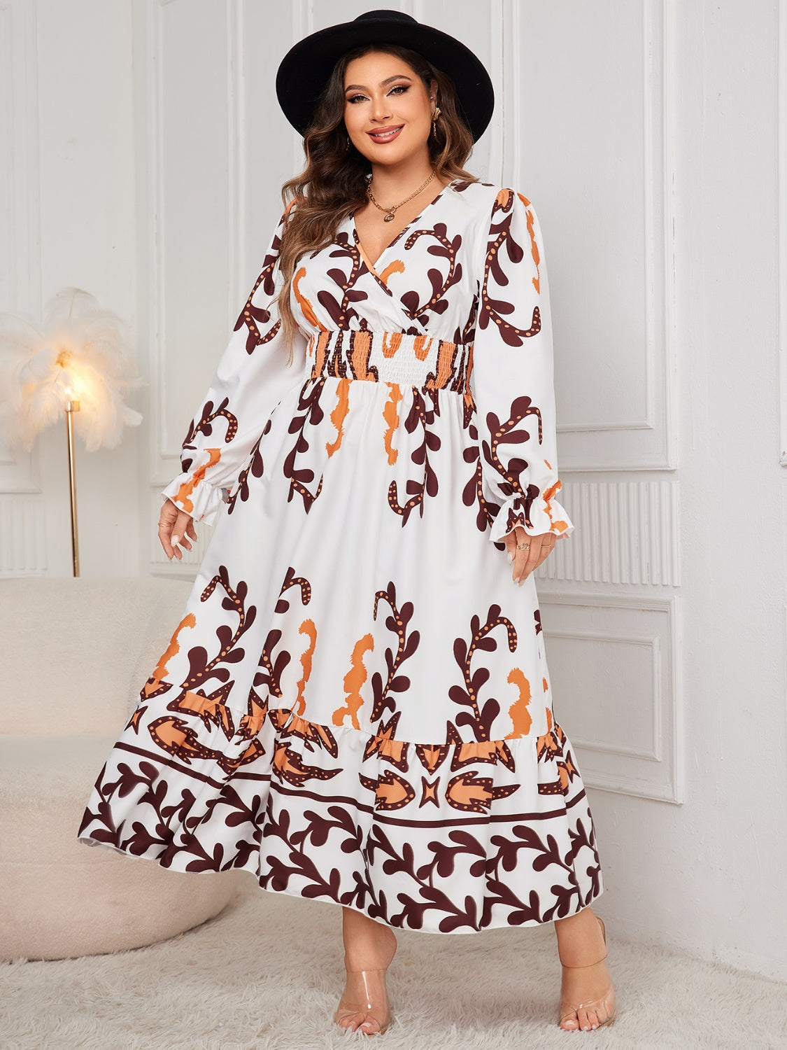 Plus Size Printed Surplice Flounce Sleeve Dress free shipping -Oh Em Gee Boutique