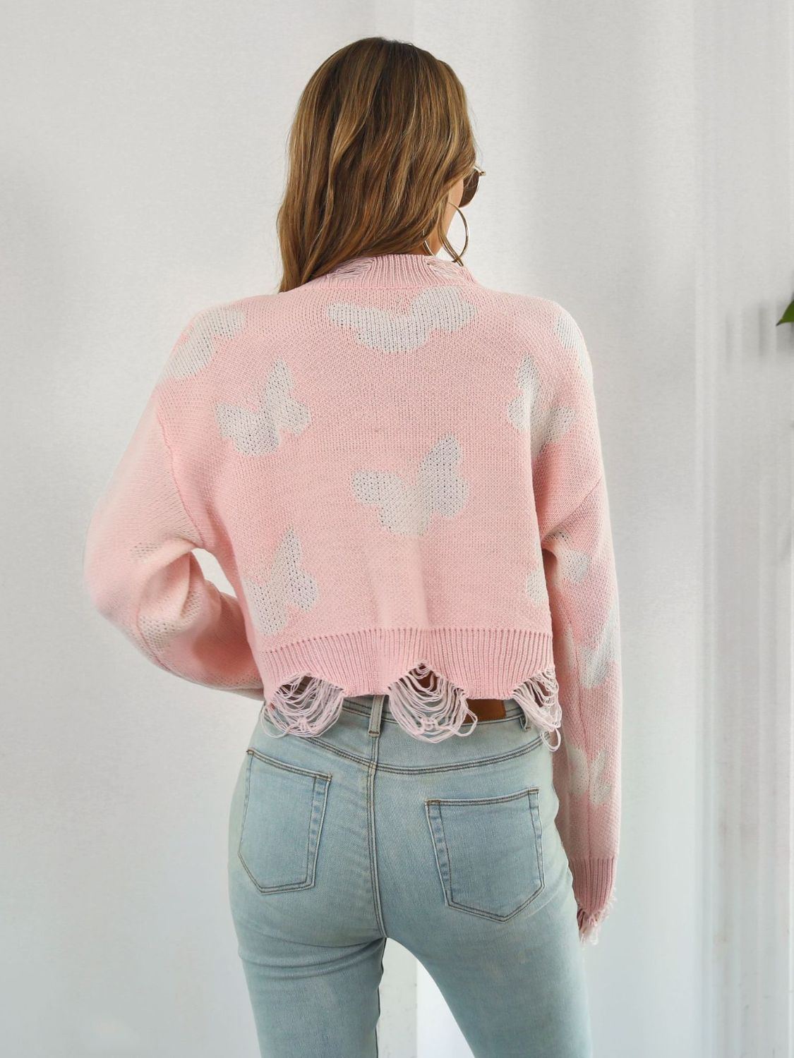 Distressed Butterfly Cropped Sweater free shipping -Oh Em Gee Boutique