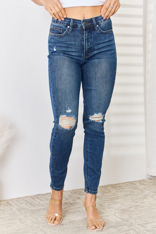 Judy Blue Full Size Mid Waist Distressed Slim Jeans free shipping -Oh Em Gee Boutique