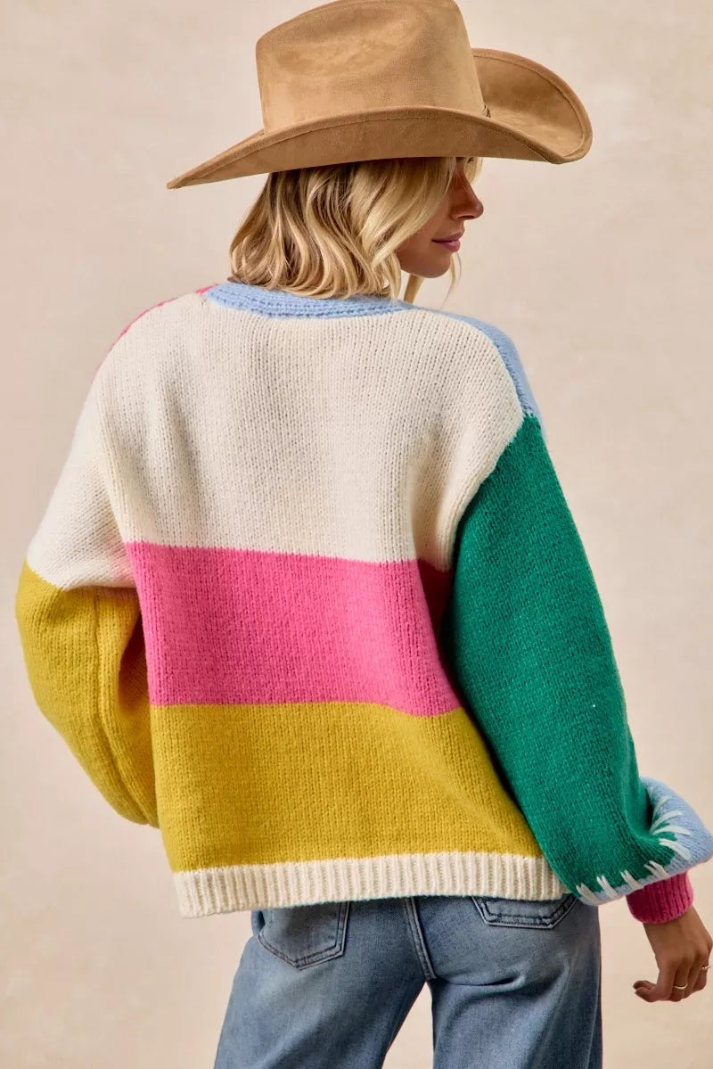 BiBi Color Block Open Front Sweater Cardigan free shipping -Oh Em Gee Boutique