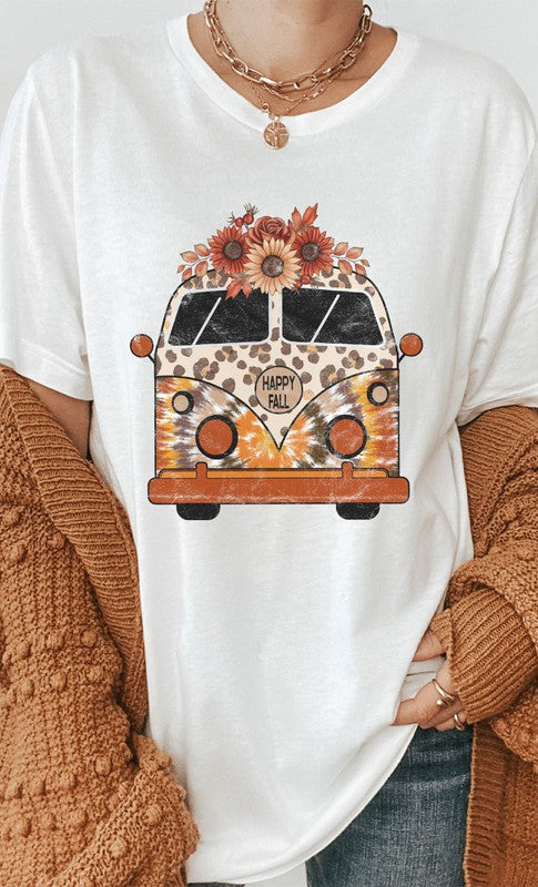 Leopard Floral Fall VW Bus Graphic Tee free shipping -Oh Em Gee Boutique