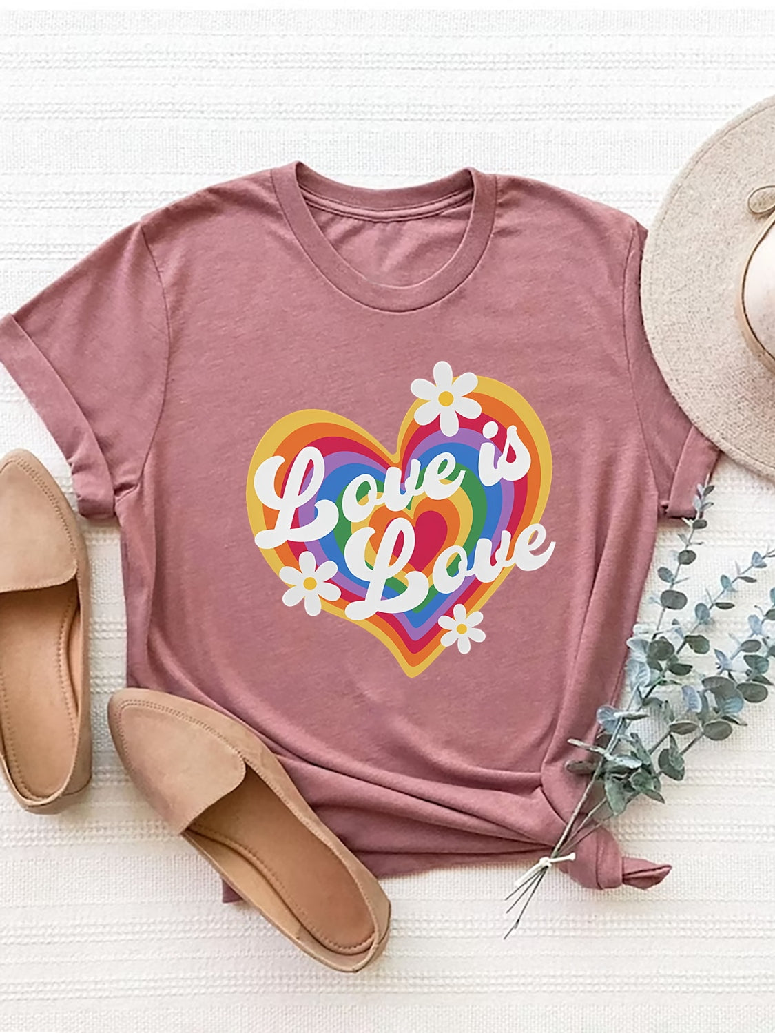 Graphic Round Neck Short Sleeve T-Shirt, Rainbow Heart Design free shipping -Oh Em Gee Boutique
