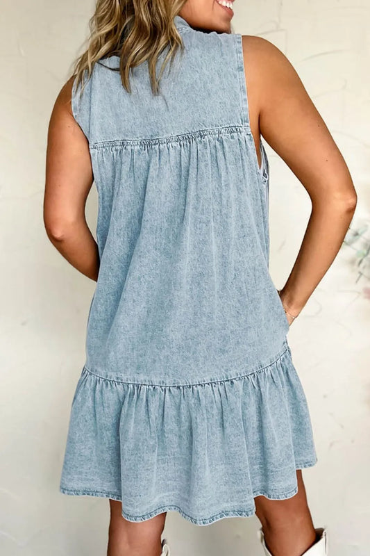 Tie Neck Sleeveless Denim Dress free shipping -Oh Em Gee Boutique