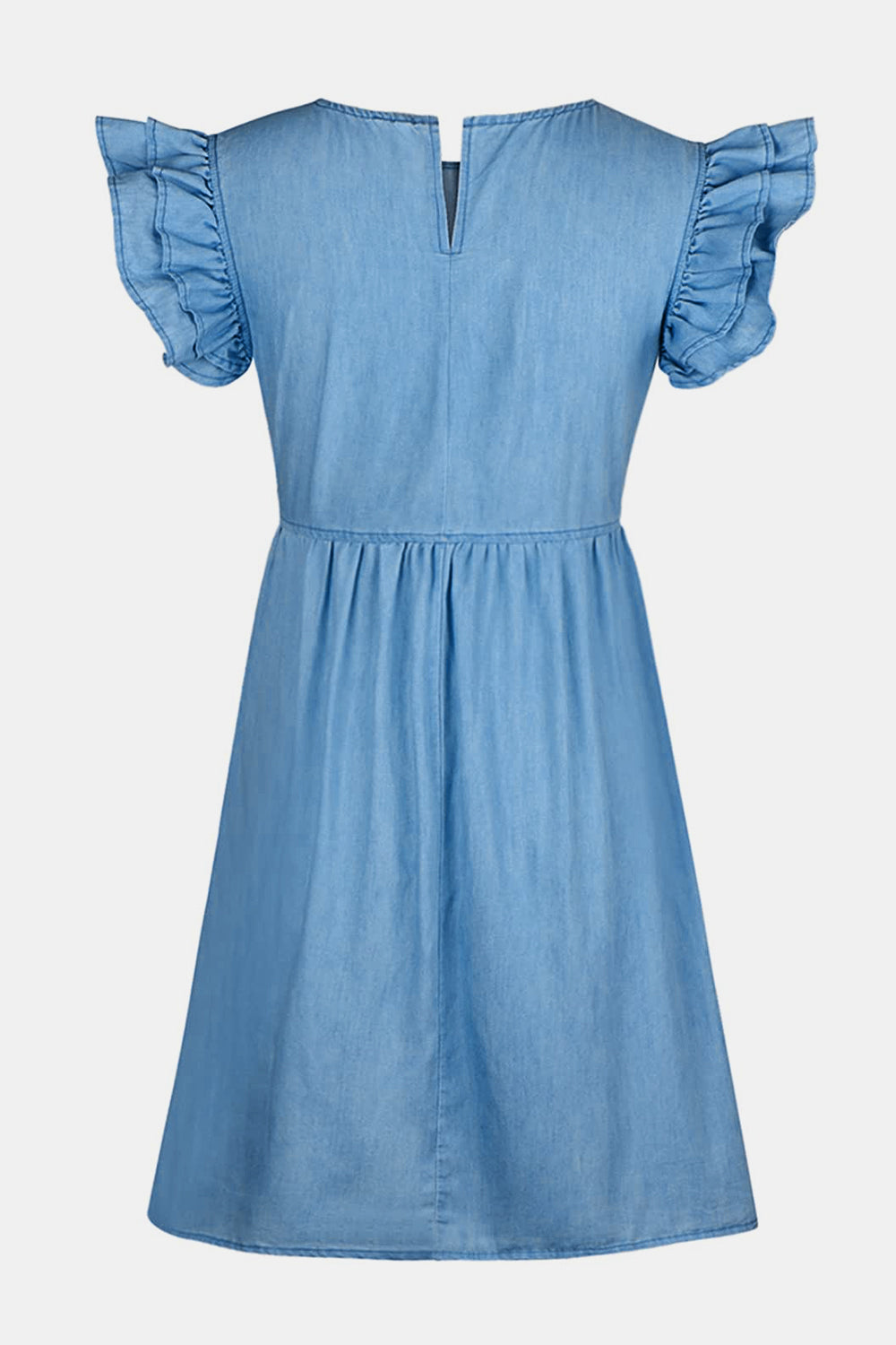 Full Size Ruffled Round Neck Cap Sleeve Denim Dress free shipping -Oh Em Gee Boutique