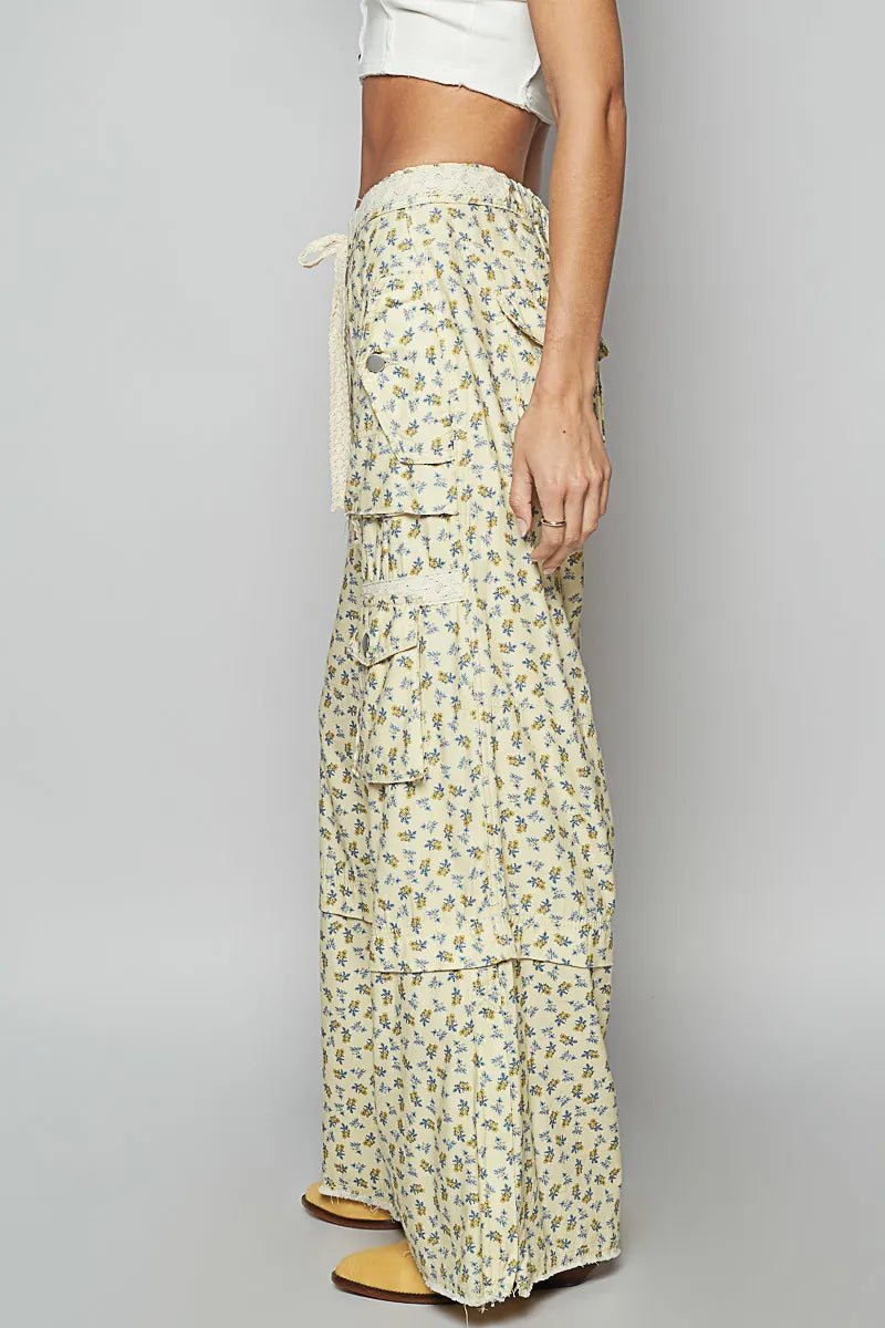 POL Floral Cargo Wide Leg Pants with Lace Drawstring free shipping -Oh Em Gee Boutique