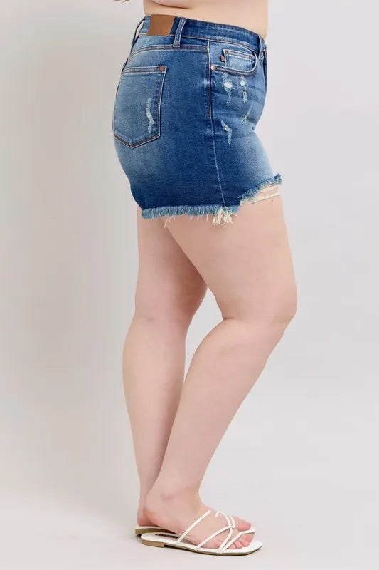 Judy Blue Plus Size 2 Button Dad Shorts with Destroy free shipping -Oh Em Gee Boutique