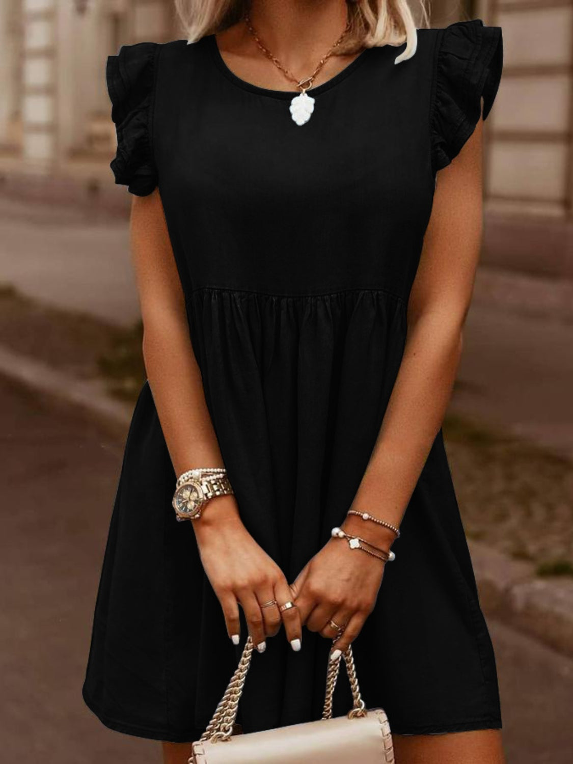 Full Size Ruffled Round Neck Cap Sleeve Denim Dress free shipping -Oh Em Gee Boutique