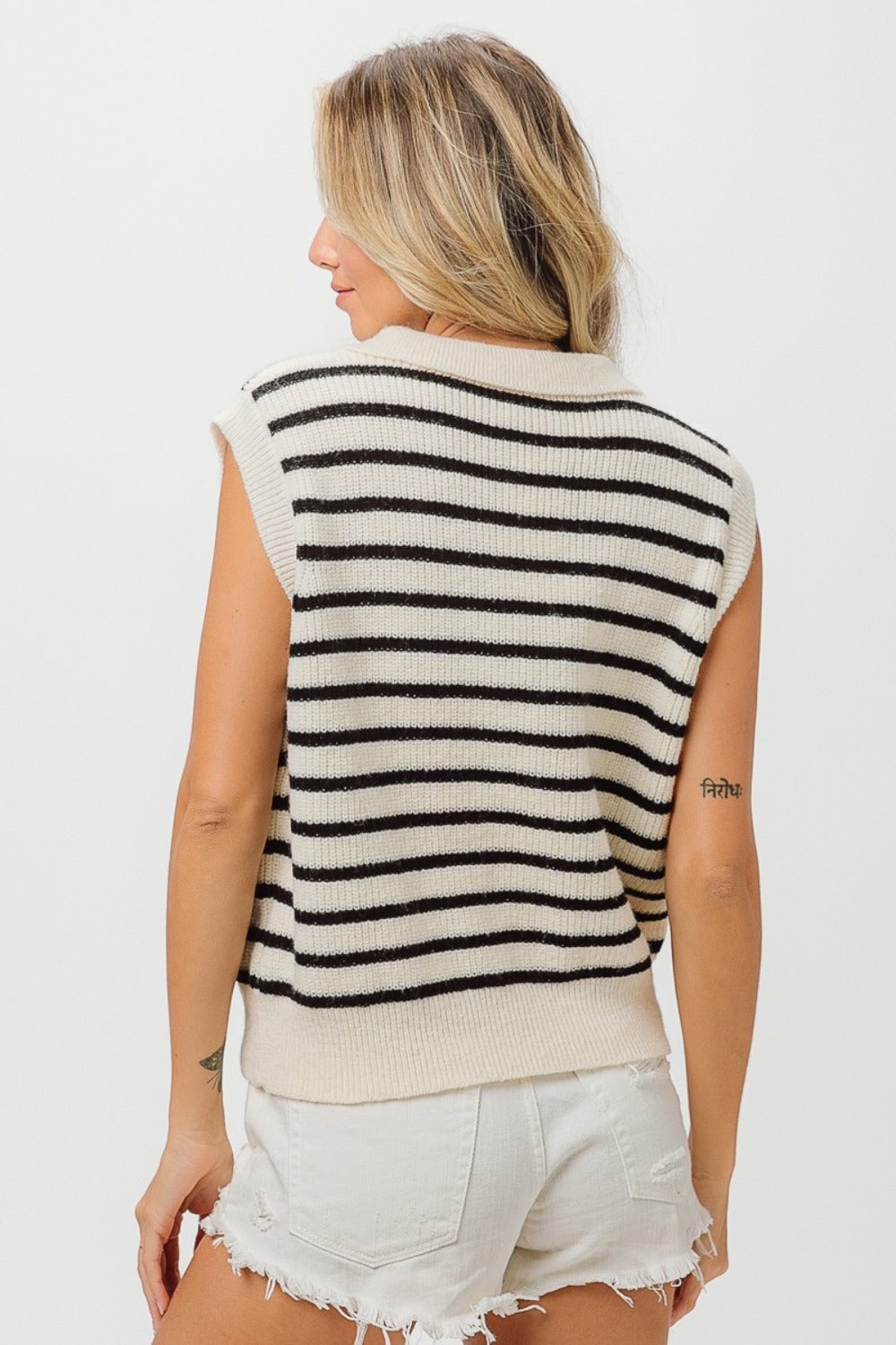 BiBi Flower Patch Striped Half Button Sweater Vest free shipping -Oh Em Gee Boutique