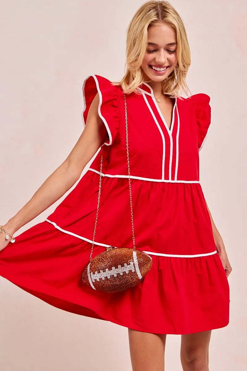 BiBi Gameday Theme Contrast Binding Ruffled Dress free shipping -Oh Em Gee Boutique
