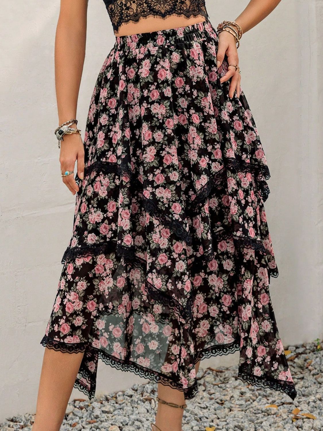 Lace Detail Layered Printed Skirt free shipping -Oh Em Gee Boutique