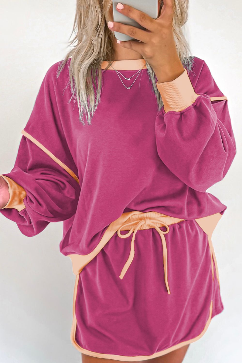 Contrast Trim Round Neck Top and Skort Set free shipping -Oh Em Gee Boutique