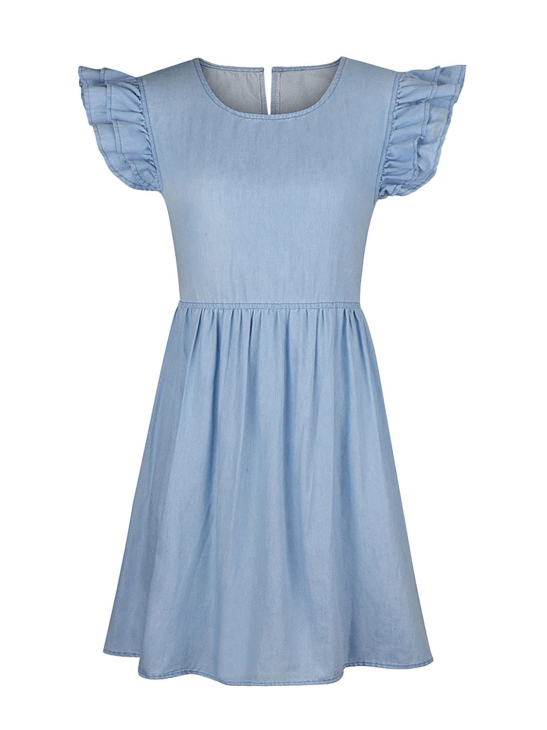 Full Size Ruffled Round Neck Cap Sleeve Denim Dress free shipping -Oh Em Gee Boutique