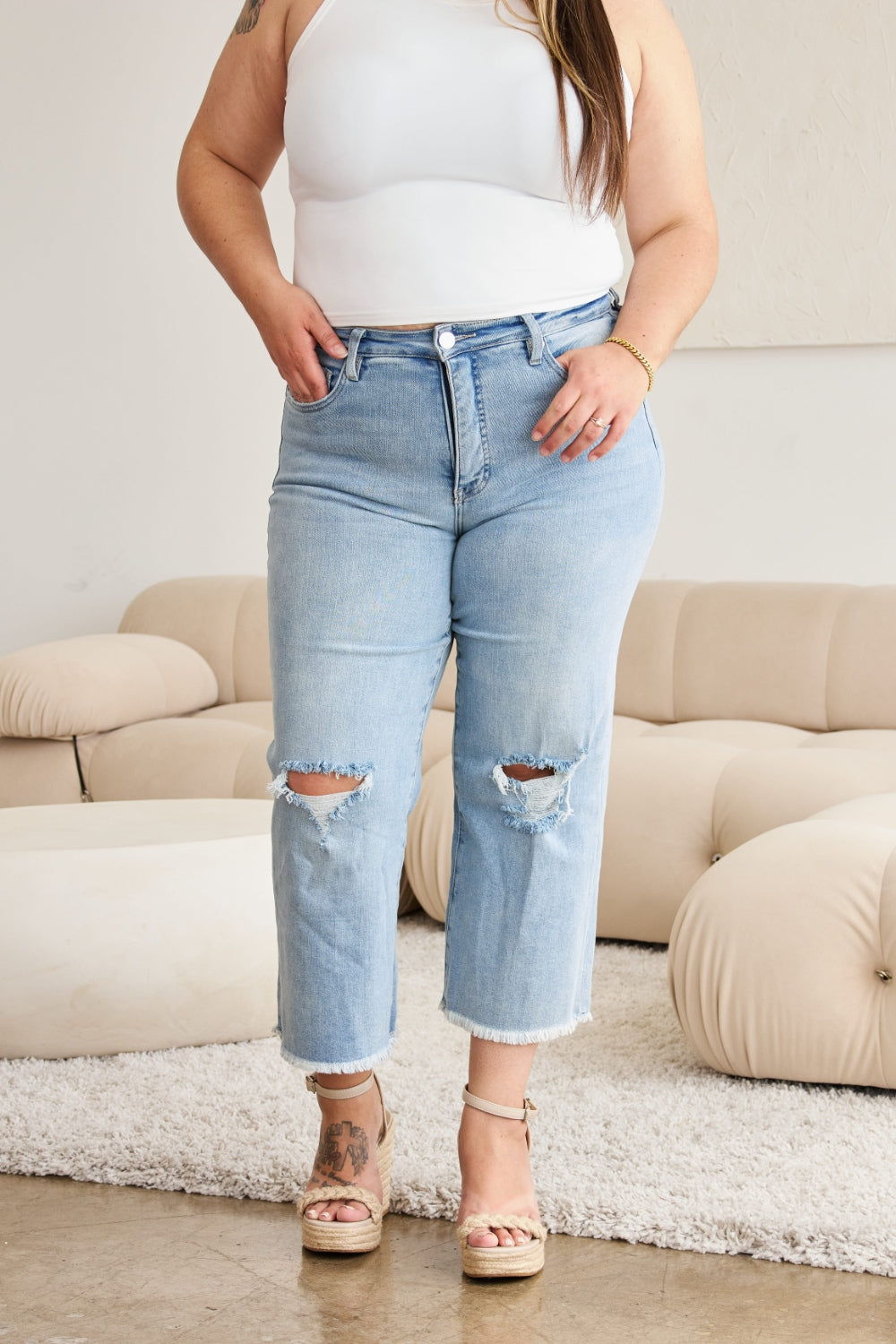 RFM Full Size Tummy Control High Waist Raw Hem Distressed Jeans free shipping -Oh Em Gee Boutique