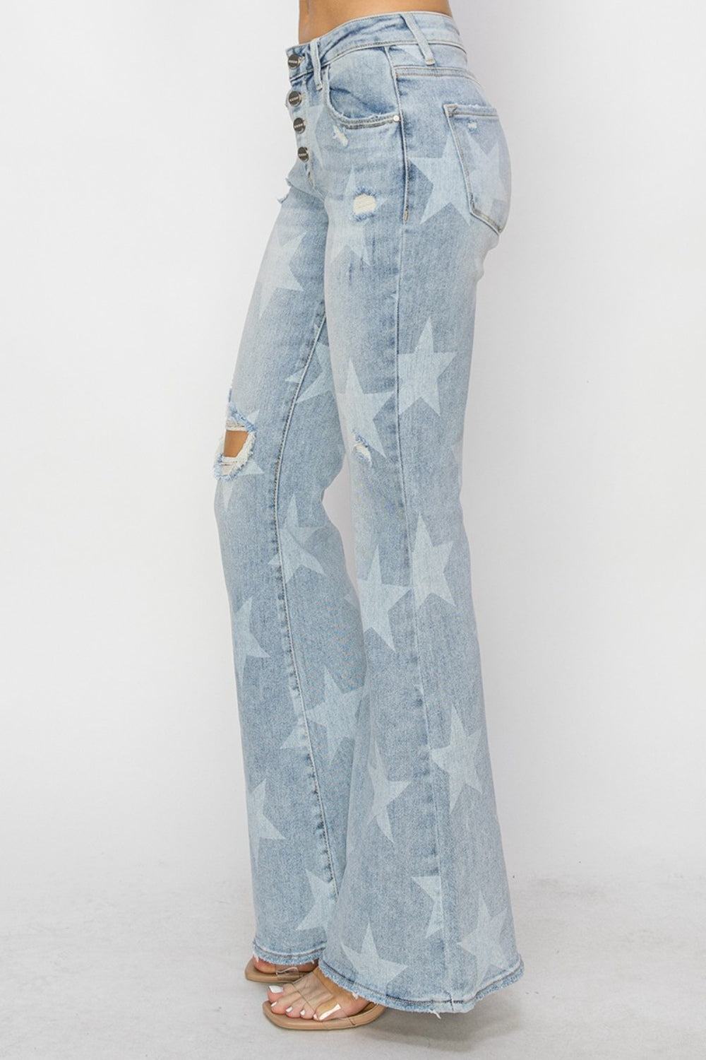 RISEN Mid Rise Button Fly Start Print Flare Jeans free shipping -Oh Em Gee Boutique