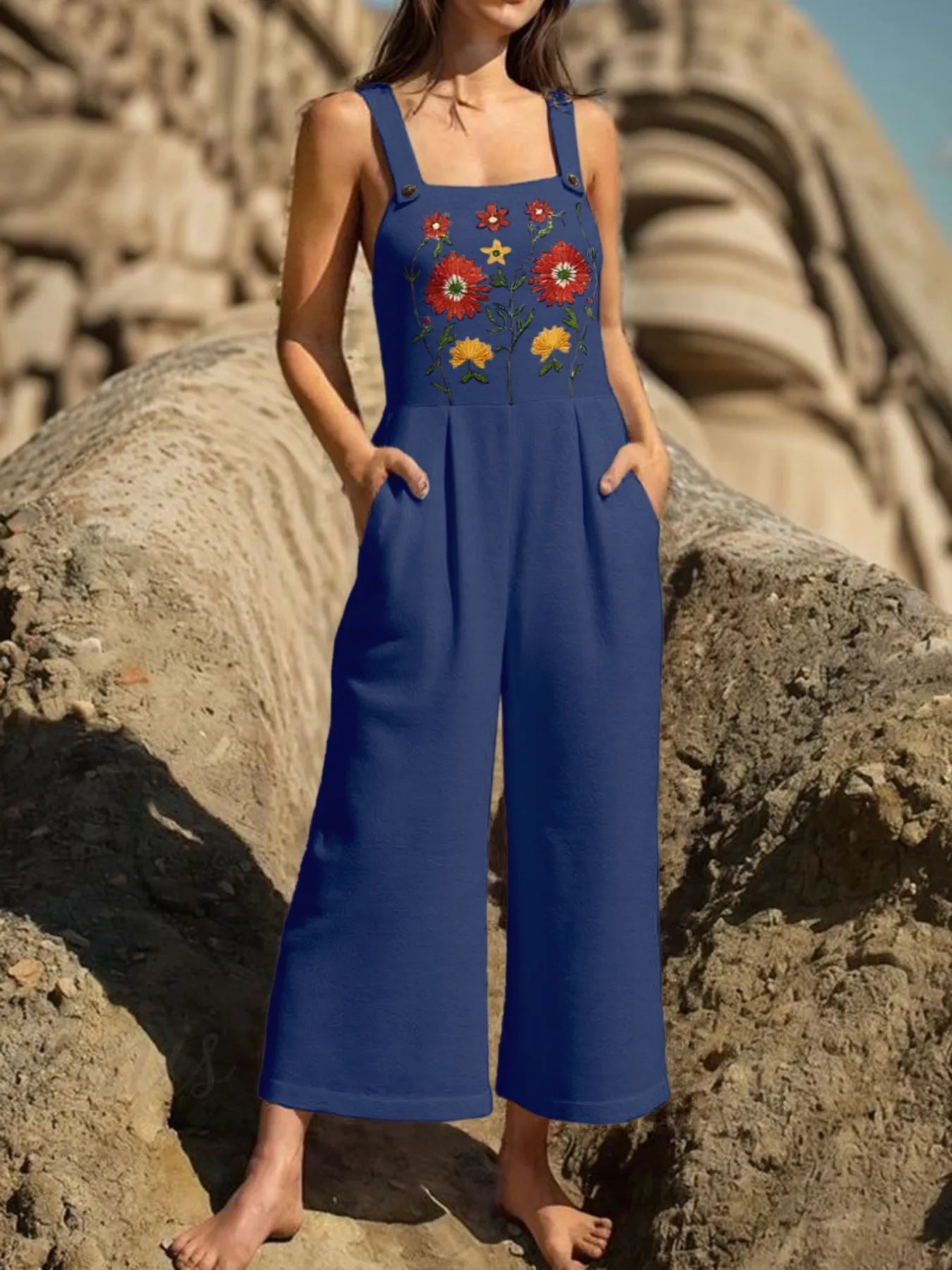 Floral Embroidered Wide Leg Jumpsuit free shipping -Oh Em Gee Boutique