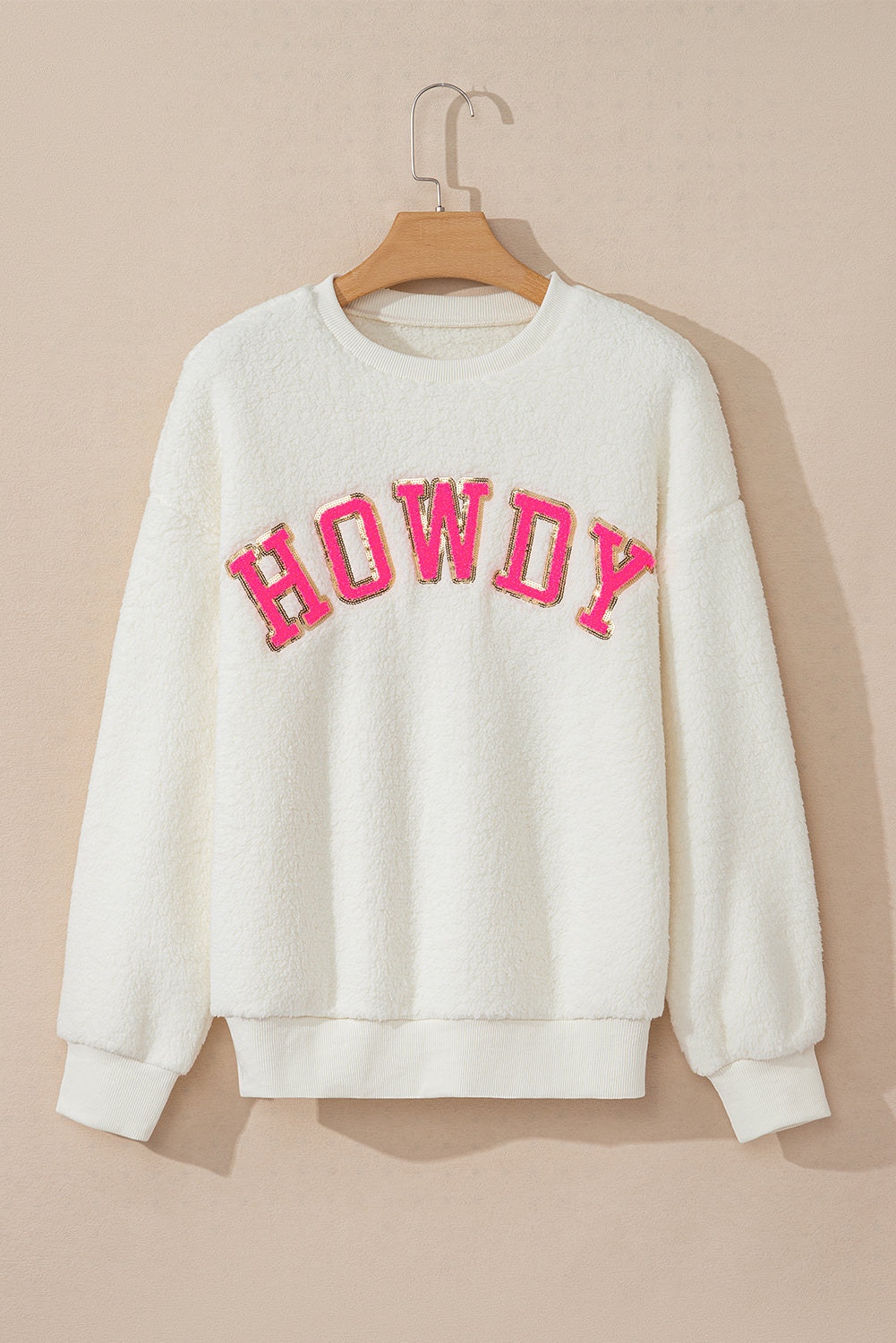 HOWDY Patched Round Neck Sherpa Sweatshirt free shipping -Oh Em Gee Boutique
