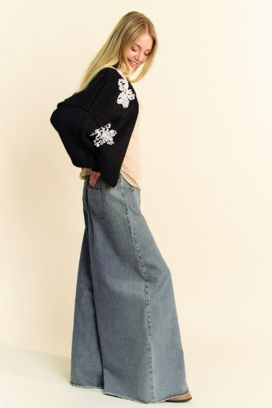 Davi & Dani Floral Applique Open Front Dropped Shoulder Cardigan free shipping -Oh Em Gee Boutique