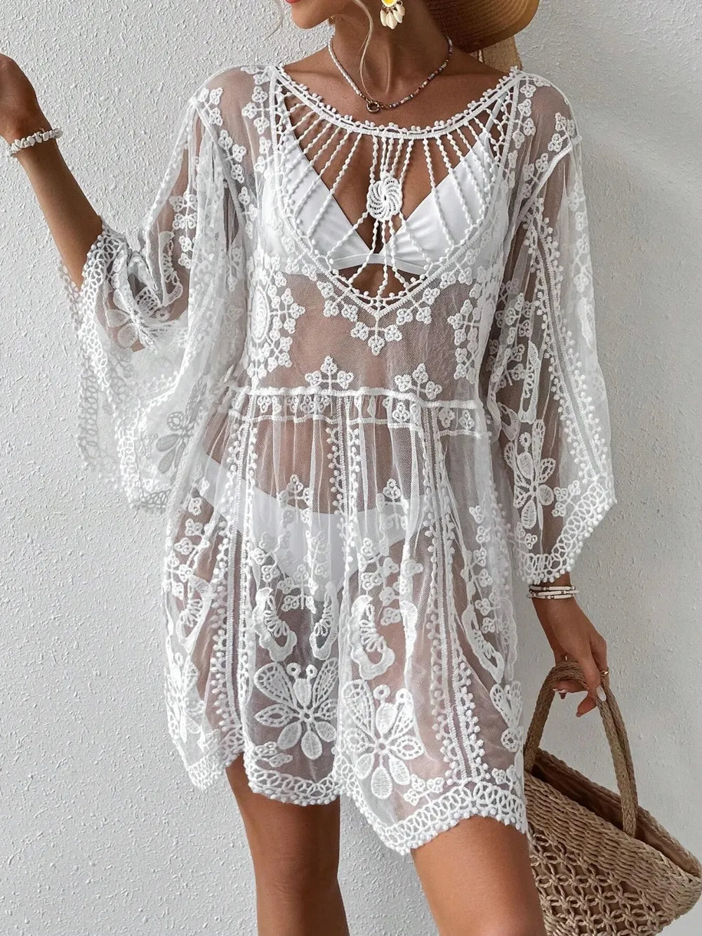 Lace Round Neck Cover-Up free shipping -Oh Em Gee Boutique