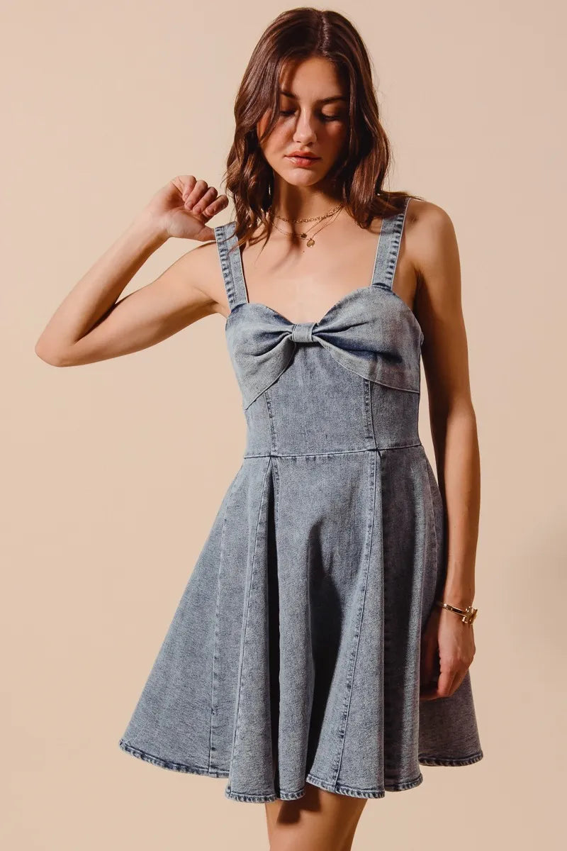 SO ME Mineral Washed Bow Ribbon Denim Flare Dress free shipping -Oh Em Gee Boutique