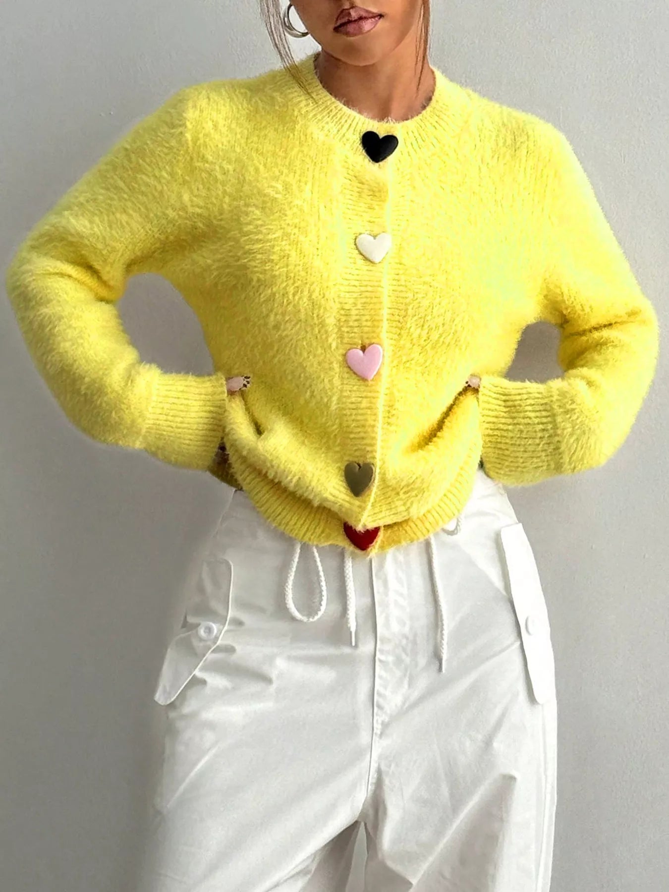 Heart Button Fuzzy Cardigan free shipping -Oh Em Gee Boutique