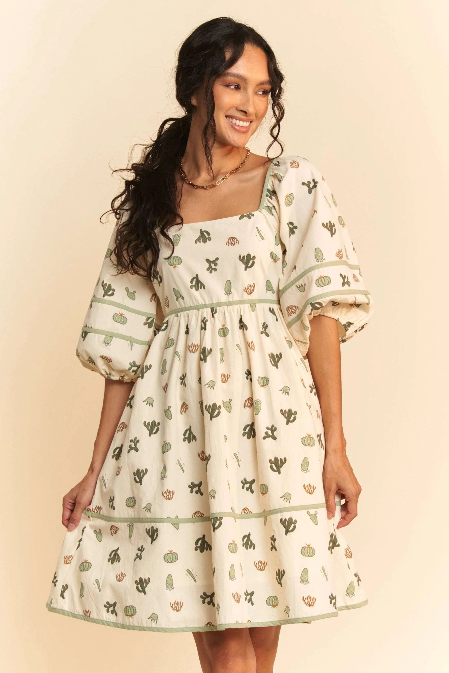 Davi & Dani Cactus Printed Poplin Contrast Piping Mini Dress free shipping -Oh Em Gee Boutique