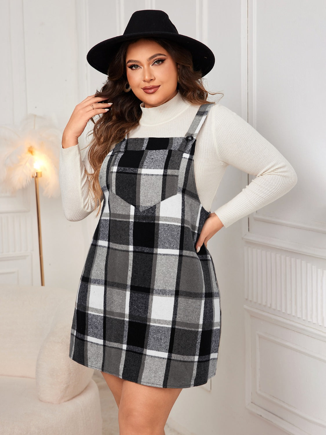 Plus Size Plaid Wide Strap Overall Dress free shipping -Oh Em Gee Boutique