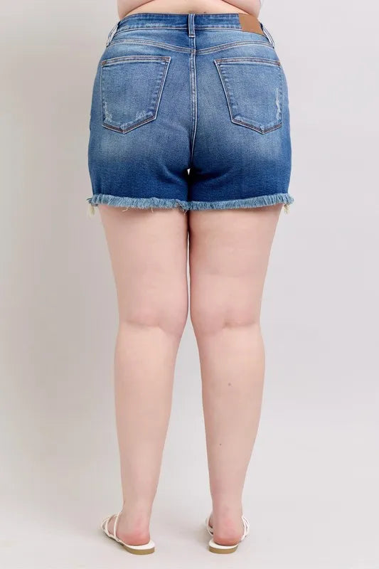 Judy Blue Plus Size 2 Button Dad Shorts with Destroy free shipping -Oh Em Gee Boutique