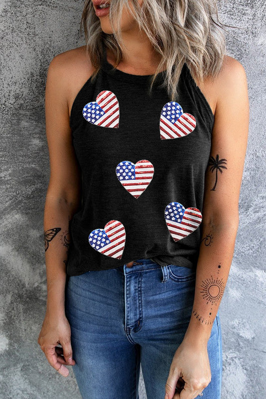 Heart US Flag Round Neck Grecian Neck Tank free shipping -Oh Em Gee Boutique