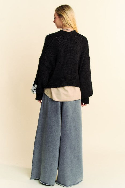 Davi & Dani Floral Applique Open Front Dropped Shoulder Cardigan free shipping -Oh Em Gee Boutique