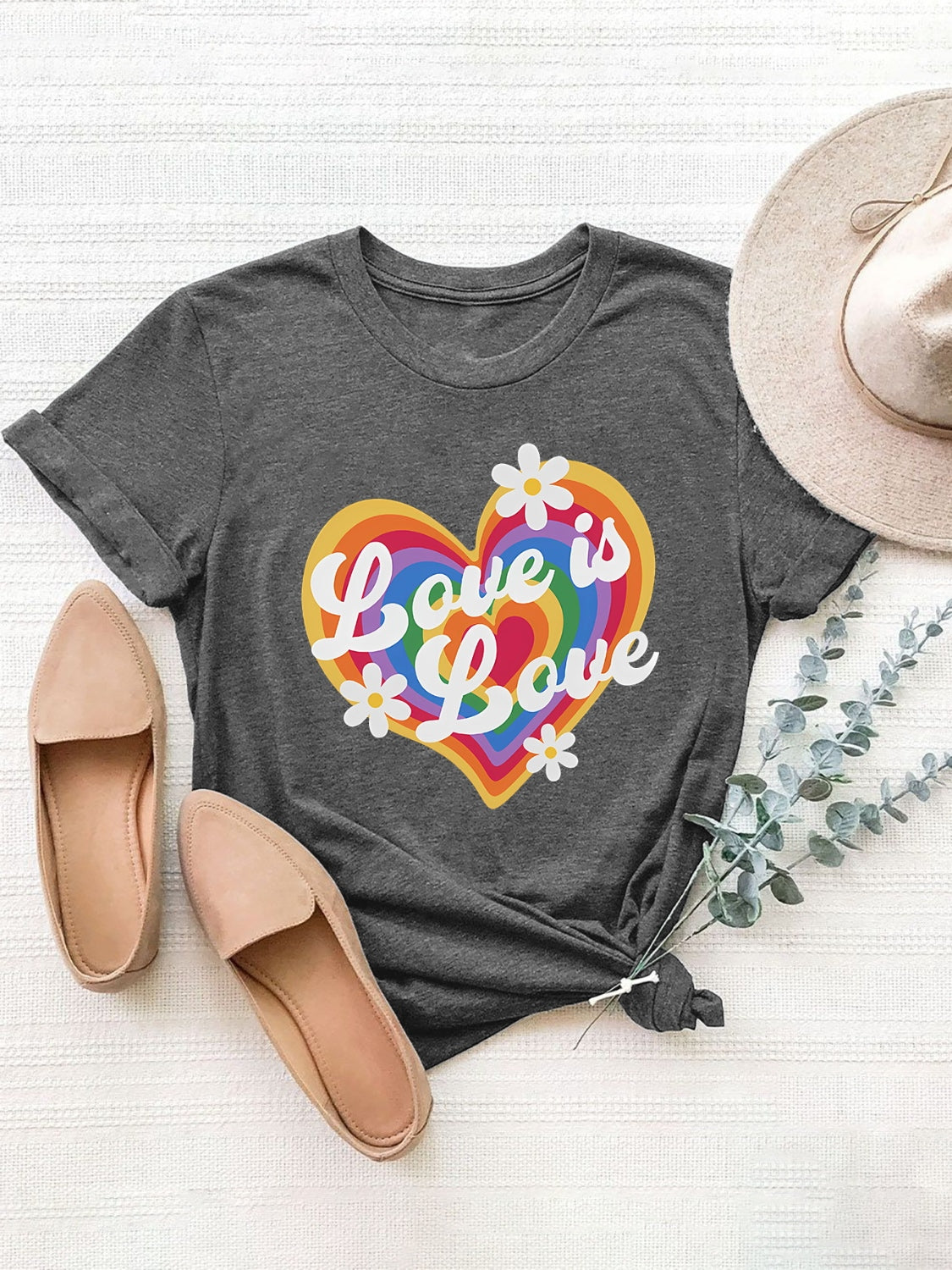 Graphic Round Neck Short Sleeve T-Shirt, Rainbow Heart Design free shipping -Oh Em Gee Boutique