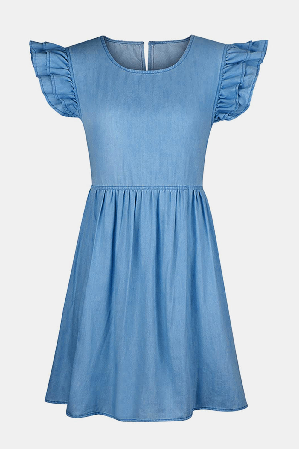 Full Size Ruffled Round Neck Cap Sleeve Denim Dress free shipping -Oh Em Gee Boutique