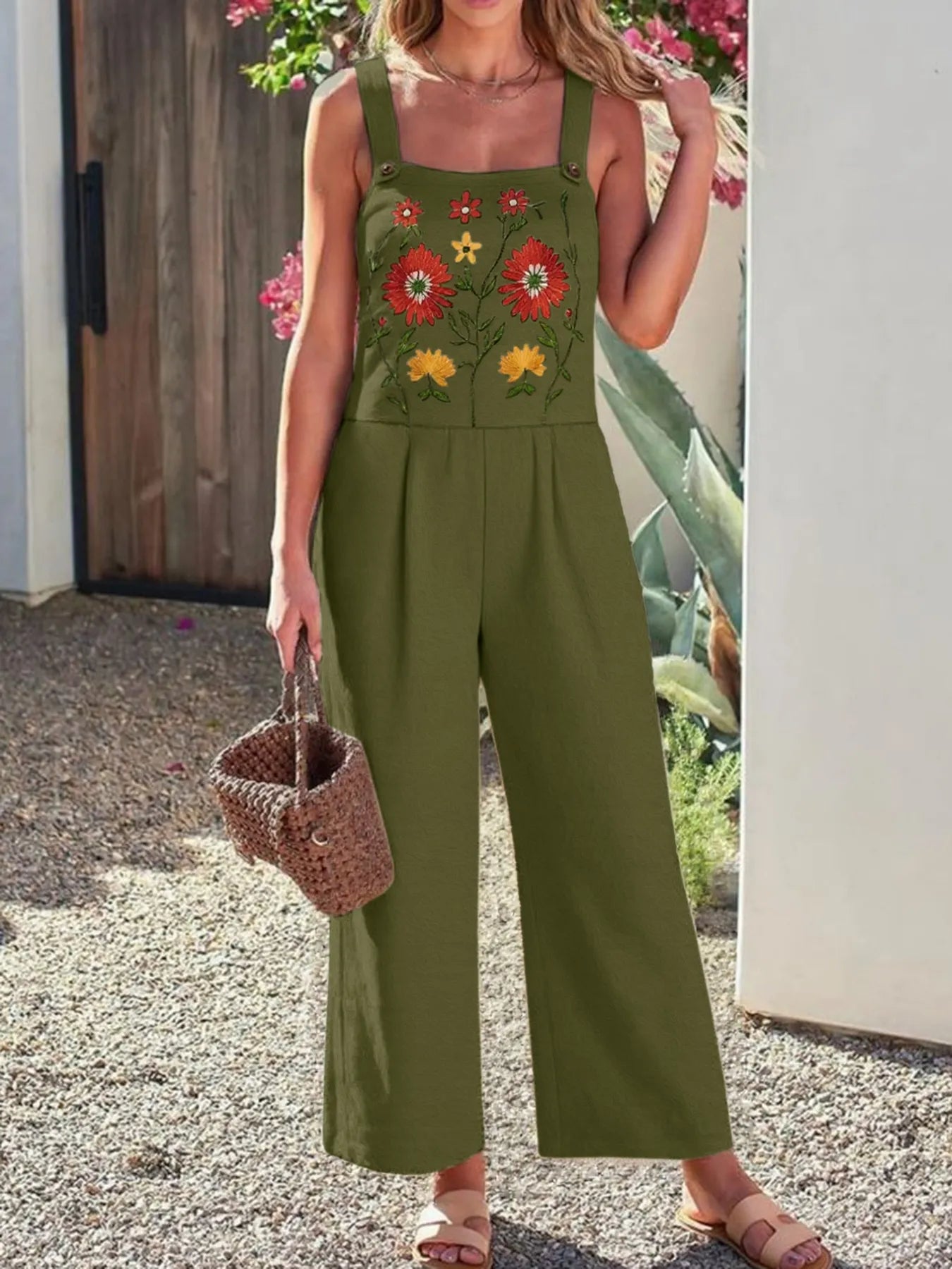 Floral Embroidered Wide Leg Jumpsuit free shipping -Oh Em Gee Boutique