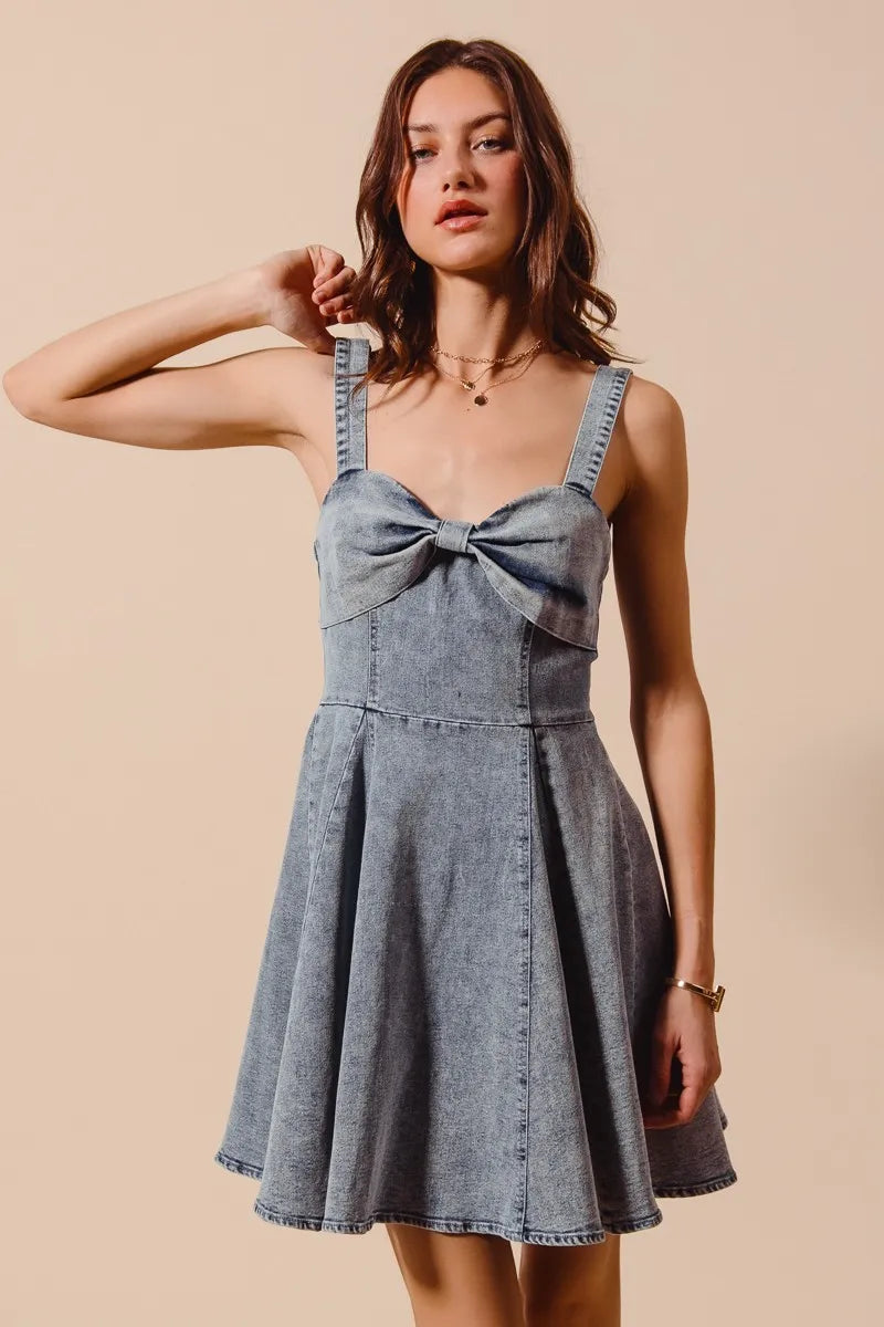SO ME Mineral Washed Bow Ribbon Denim Flare Dress free shipping -Oh Em Gee Boutique