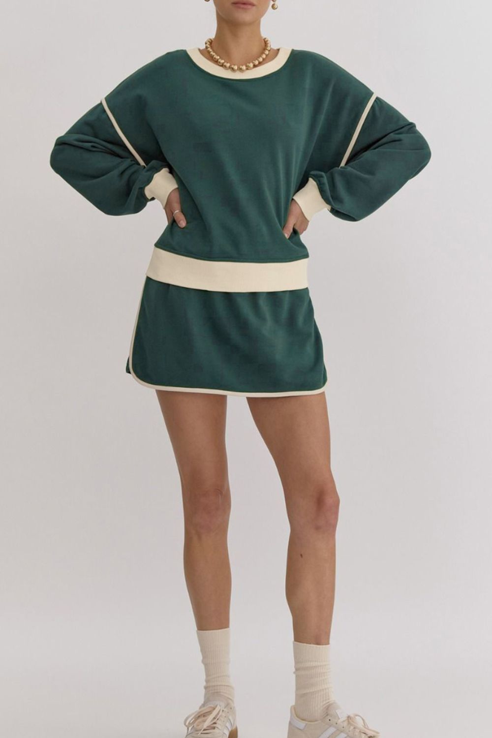 Contrast Trim Round Neck Top and Skort Set free shipping -Oh Em Gee Boutique