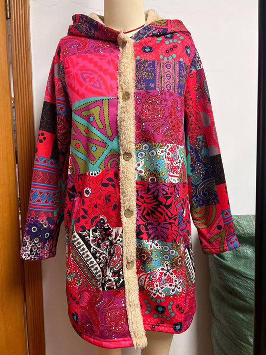 Bohemian Patchwork Fleece Lined Hooded Outerwear free shipping -Oh Em Gee Boutique