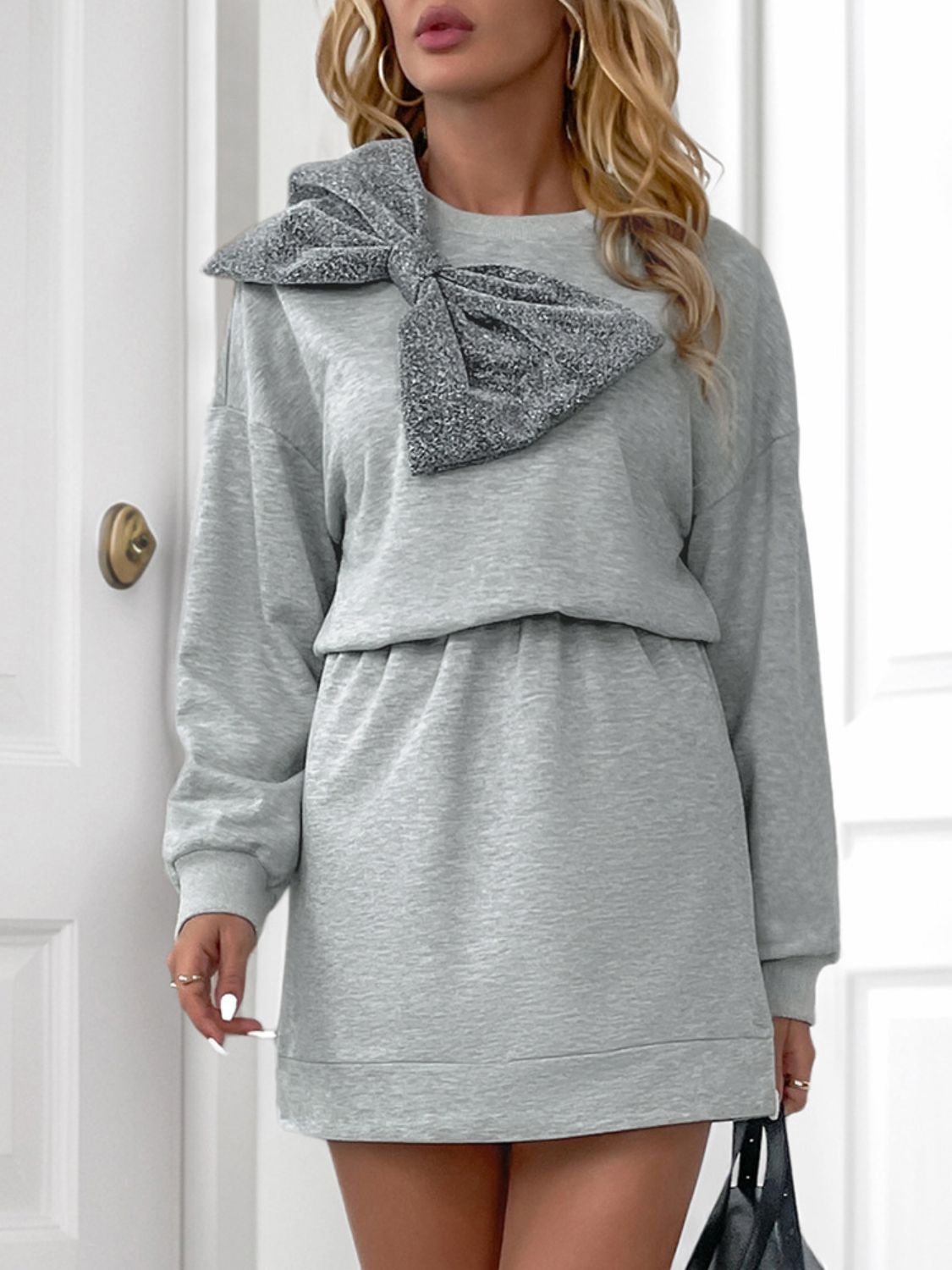 Perfee Bow Dropped Shoulder Long Sleeve Mini Dress free shipping -Oh Em Gee Boutique