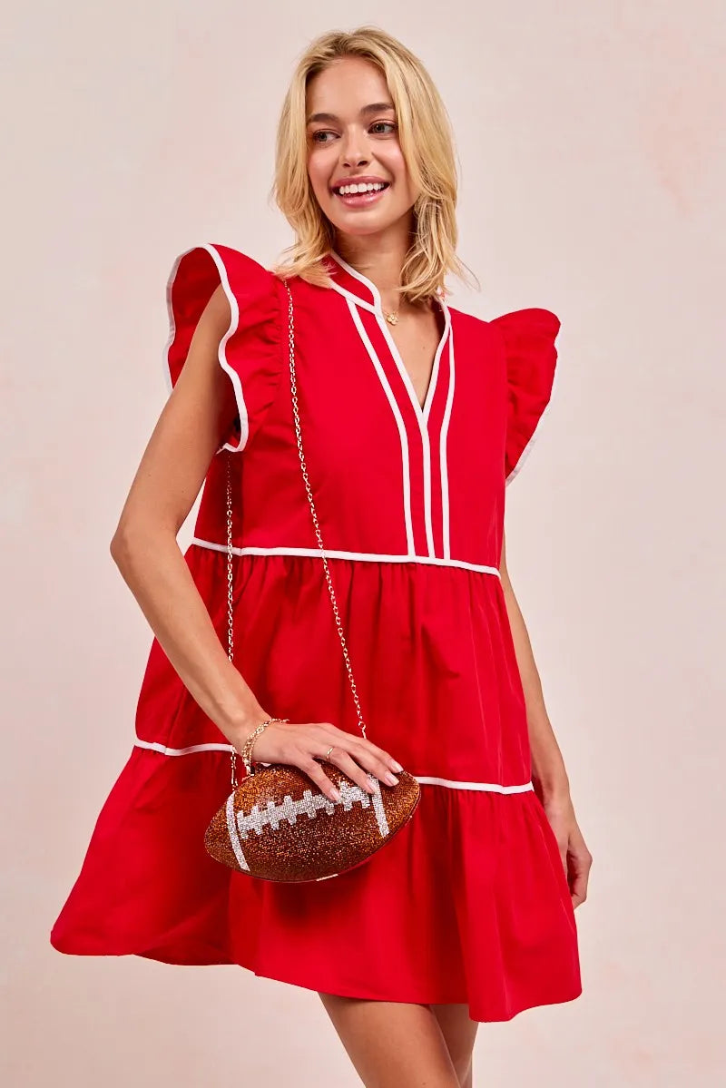 BiBi Gameday Theme Contrast Binding Ruffled Dress free shipping -Oh Em Gee Boutique