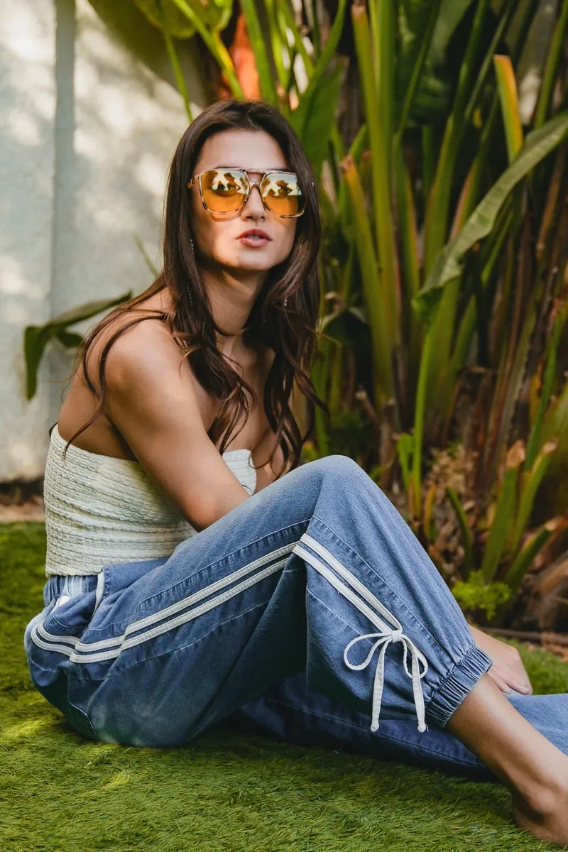 BiBi Striped Tape Details With Bot Tied Point Elastic Waist Jeans free shipping -Oh Em Gee Boutique