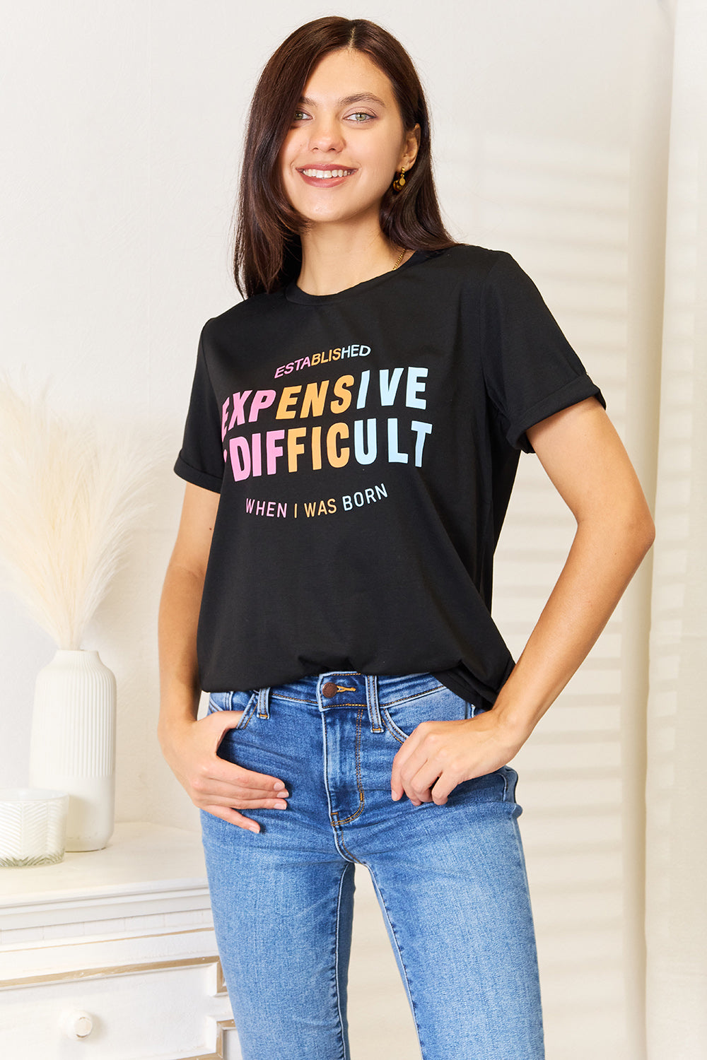 Simply Love Slogan Graphic Cuffed Sleeve T-Shirt free shipping -Oh Em Gee Boutique