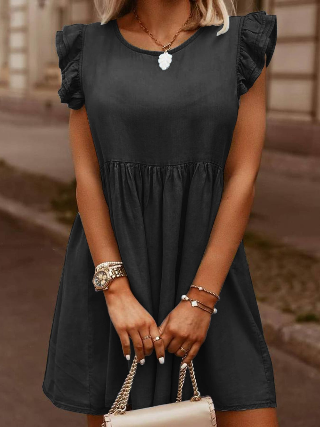 Full Size Ruffled Round Neck Cap Sleeve Denim Dress free shipping -Oh Em Gee Boutique
