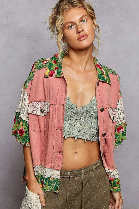 POL Lace Patch Floral Half Sleeve Shacket free shipping -Oh Em Gee Boutique