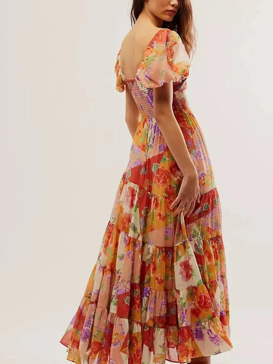 Printed Sweetheart Neck Puff Sleeve Maxi Dress free shipping -Oh Em Gee Boutique