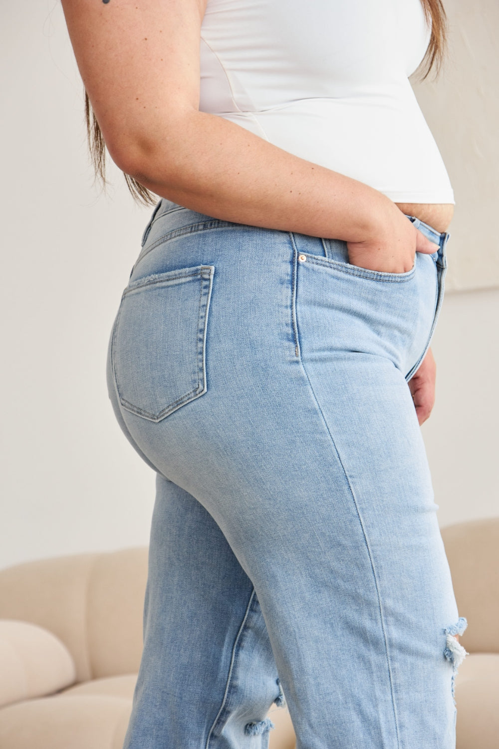 RFM Full Size Tummy Control High Waist Raw Hem Distressed Jeans free shipping -Oh Em Gee Boutique