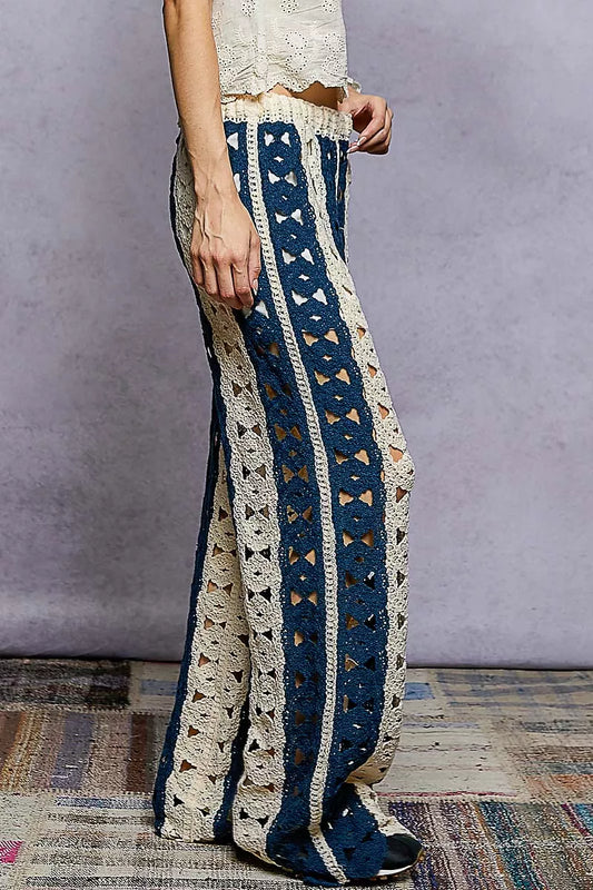 POL Openwork Wide Leg Pants with Stripe Detail free shipping -Oh Em Gee Boutique