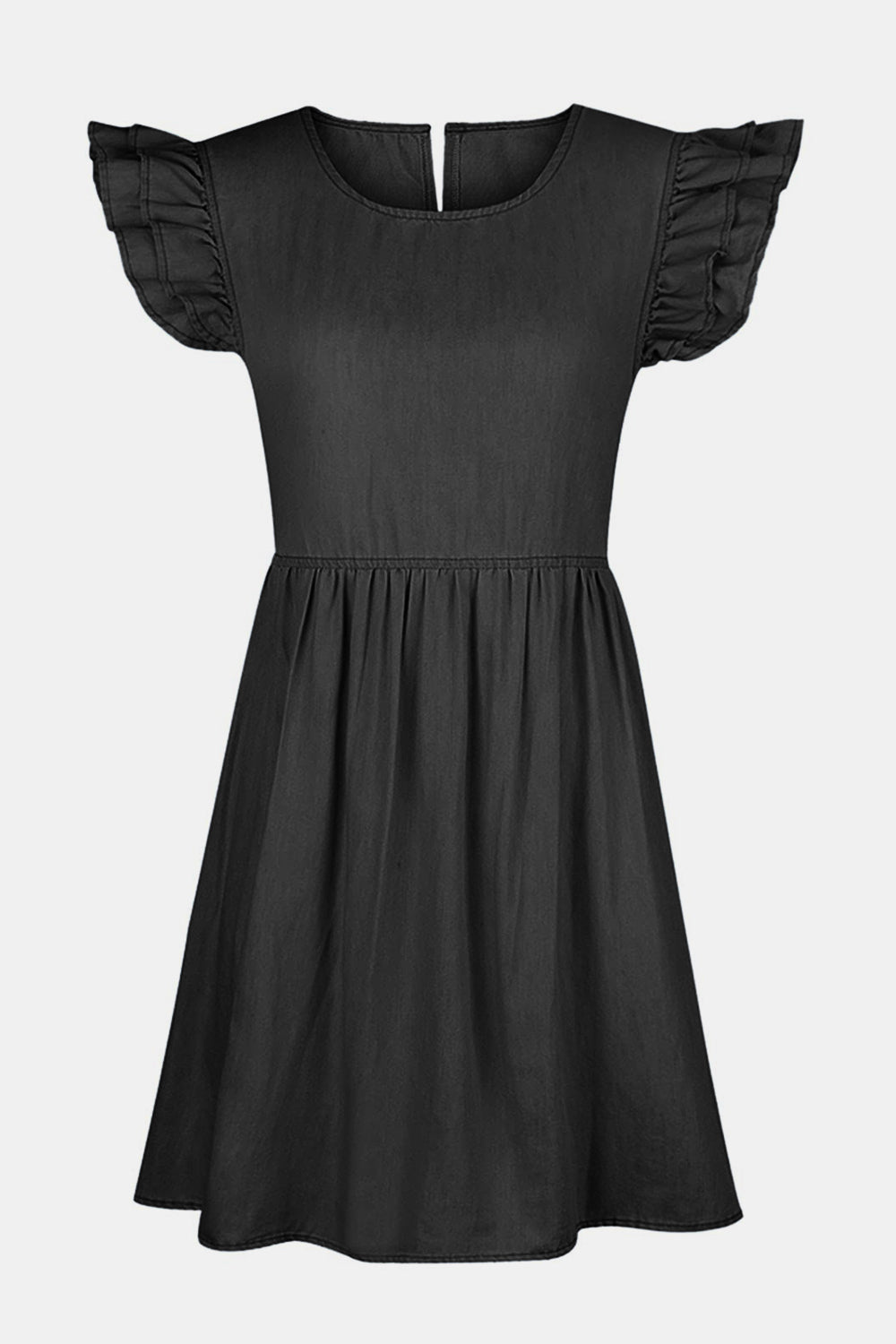 Full Size Ruffled Round Neck Cap Sleeve Denim Dress free shipping -Oh Em Gee Boutique