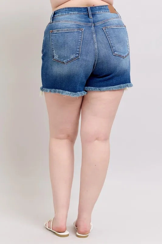 Judy Blue Plus Size 2 Button Dad Shorts with Destroy free shipping -Oh Em Gee Boutique