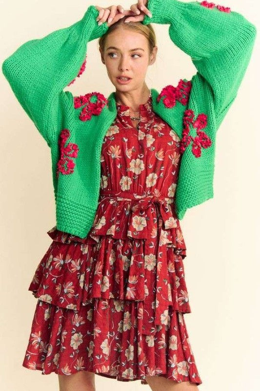 Davi & Dani Floral Applique Open Front Drop Shoulder Cardigan free shipping -Oh Em Gee Boutique