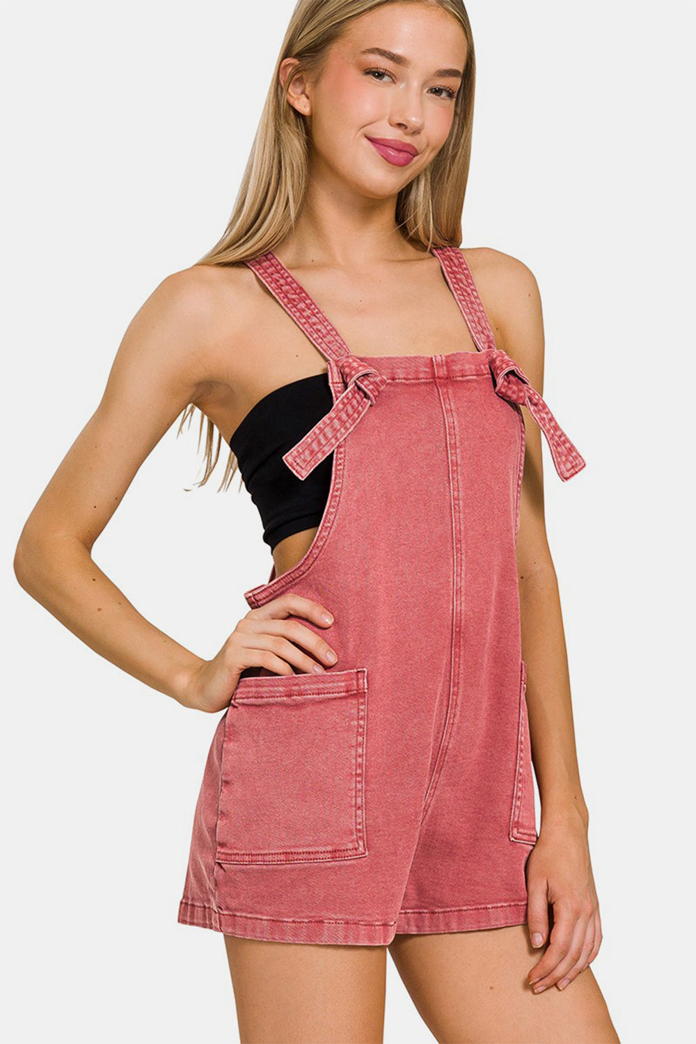 Zenana Washed Knot Strap Rompers free shipping -Oh Em Gee Boutique